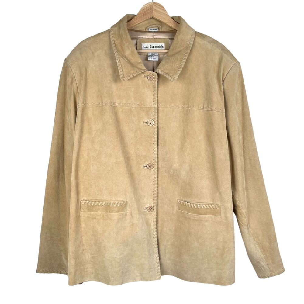 90s Vintage Suede Leather Jacket Womens 24W-26W Tan Button Up Shacket Western
